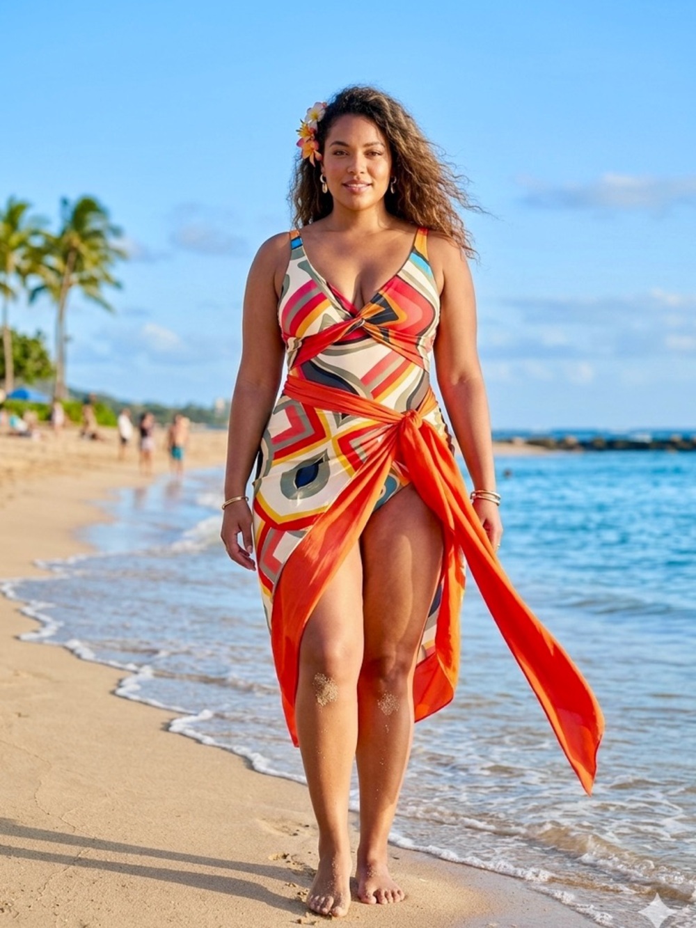 Retro Geo Print One-Piece Swimsuit & Matching Sarong Set | Size XXL | Boho